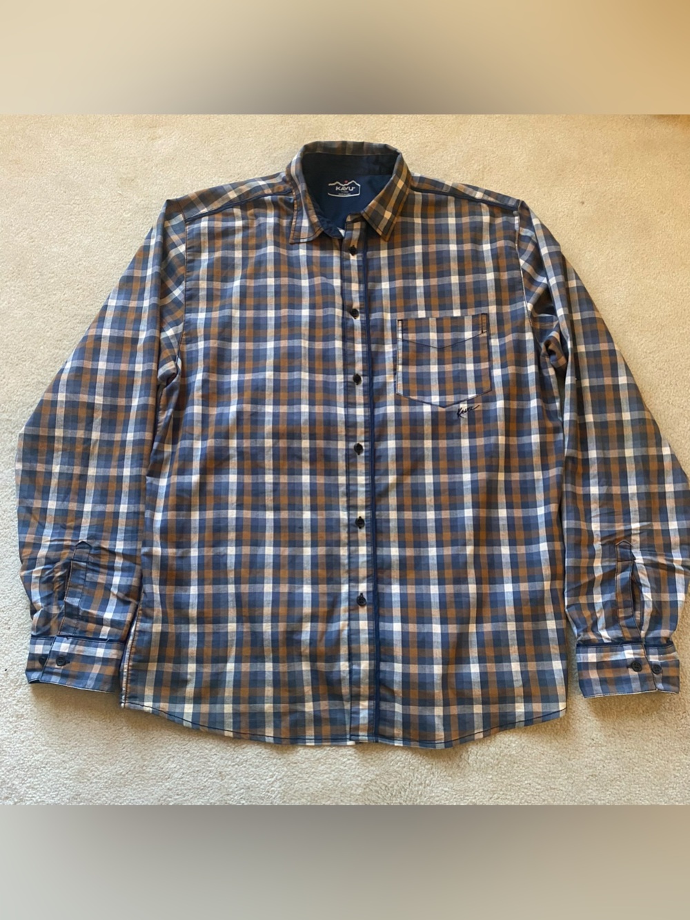 KAVU Shirt Mens X-Large Blue Brown Plaid Cotton Long Sleeve Button Up Casual